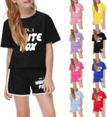Kids Summer Sport T-Shirt and Shorts 2 Piece Outfit Girls Trendy Tracksuit Set Short Sleeve Fox Letter Print Crop Tops with Jogger Shorts Activewear Preppy Clothing Set
