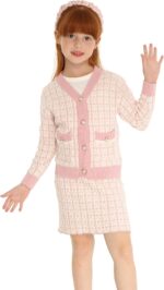 Mud Kingdom Girls Outfit Cable Knit Button Down Sweater Cardigan A-line Skirt Plaid 2-Piece Set - Image 2