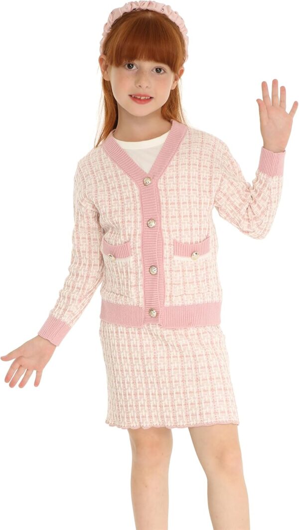 Mud Kingdom Girls Outfit Cable Knit Button Down Sweater Cardigan A-line Skirt Plaid 2-Piece Set - Image 2