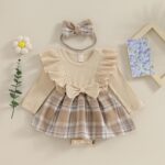 Infant Baby Girls 2Pcs Dress Outfits Ruffle Long Sleeve Plaid Print Skirt Romper with Headband Set Cute Fall Short Skirt Set - Image 2