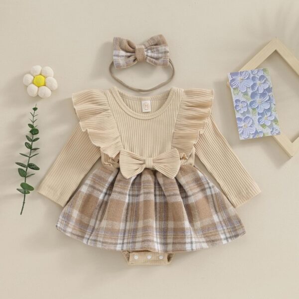 Infant Baby Girls 2Pcs Dress Outfits Ruffle Long Sleeve Plaid Print Skirt Romper with Headband Set Cute Fall Short Skirt Set - Image 2