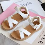Baby Girls Leather Padded X-Strap Sandals Flat Soft Wide Shoes Toddler Kids Ankle Buckle P𝐞ep Toe Summer Sandals Comfy Toddler Girl White Sandals Size 8 Slides Kids Foam( - Image 4
