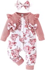 Similotey Baby Girl Romper Floral Print with Bow Long Sleeve Baby Girl One Piece Outfit