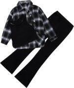 Naiyafly Girls 3 Piece Outfits Kids Cami Top + Flare Pants Set with Plaid Shirt Set Youth Girls Long Jacket Tanks Top Flare Leggings Bell Bottom Clothes