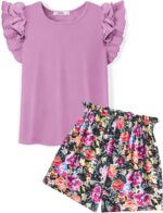 Arshiner Clothing Sets Girls Summer Solid Color T-Shirt with Shorts Outfit Children Cotton Ruffle Sleeve Clothing Set Leisure Fashion Two Piece Girl Clothes with Pocket 6-14 Years