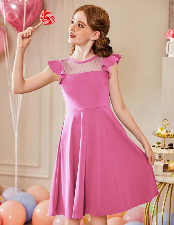 Arshiner Girls Dress Summer Ruffle Sleeve Mesh A Line Casual Party Dresses with Pockets 6-13 Years - Image 4