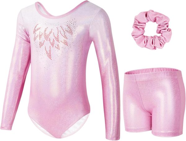 Gogokids Girls Three-Piece Gymnastics Leotards, Long Sleeve Gymnastics Set with Shorts and Hairband, Sparkling Ballet Dancing Unitards - Gymnastics Outfit with Gradient Color Design for 3-12 Years - Image 8