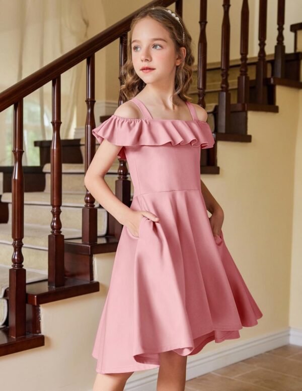 Arshiner Girls Summer Dress Off Shoulder Children's Dress Ruffle Sleeves Elegant Strap Dress Children A Line Swing Dress High Low Dress Casual Dresses with Pocket 4-13Years - Image 3