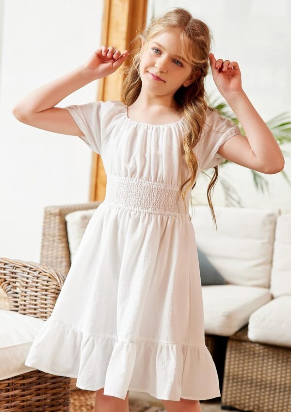 Arshiner Dress Girls Party Dress Elegant Short Sleeve Summer Dresses Children Plain A Line Casual Dress Ruffles Princess Dress Tie Back 122-158 - Image 3