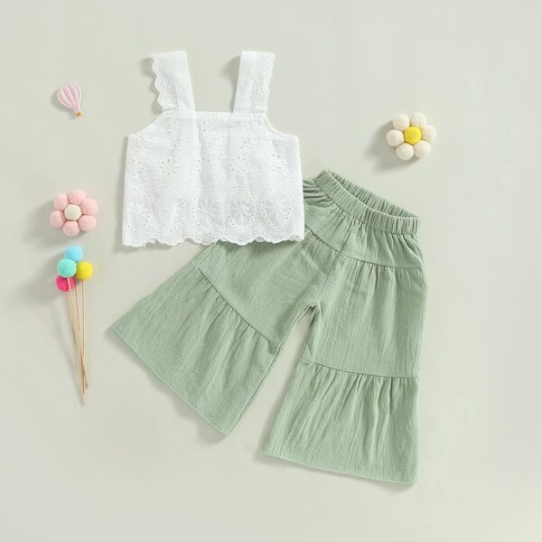 Kids Toddler Baby Girl Summer Outfits Lace Crop Tank Top Cotton Linen Flare Wide Leg Pants Set 2Pcs Outfit - Image 2