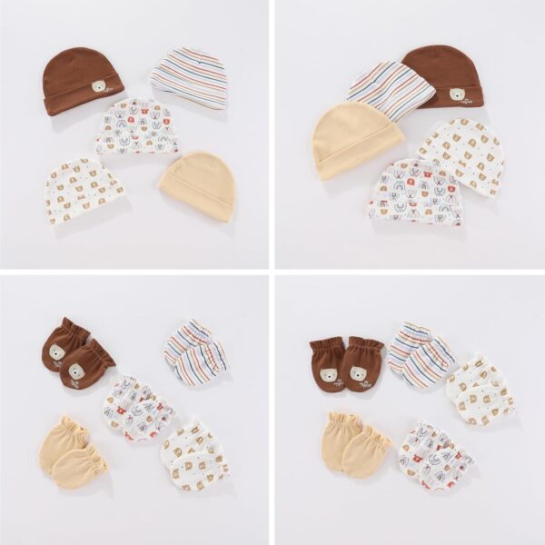 Newborn Baby 5 Hats and 5 Pairs Anti-Scratch Mittens for Babies Boys and Girls,Ages 0-6 Months 100% Cotton - Image 4