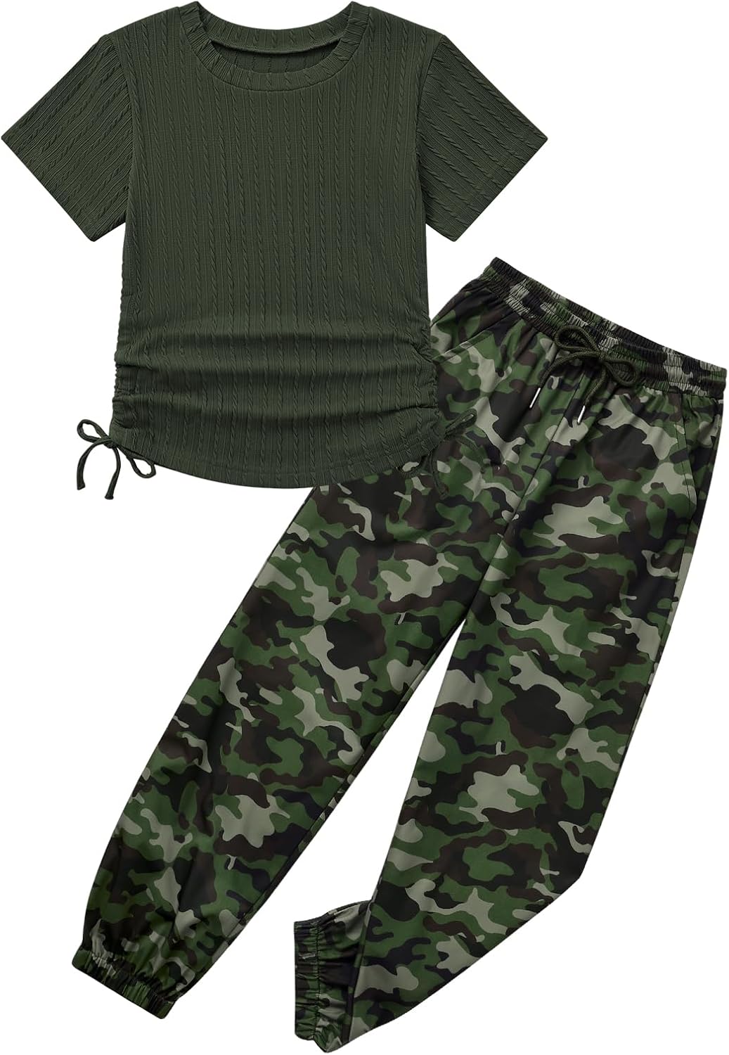71PyzzRhlL._AC_SL1500_.jpg Girls 2 Piece Outfits Teen Girls Ruched Drawstring Ribbed Knit Short Sleeve T Shirt Camouflage Pants Clothing Set - Image 1