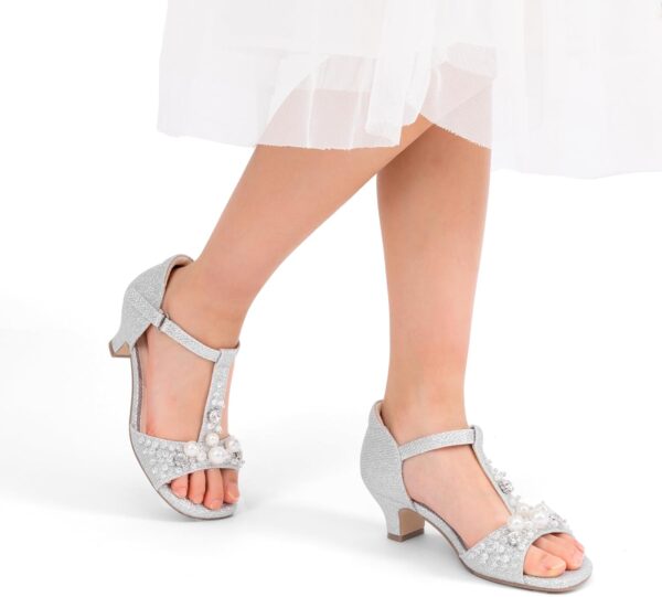DREAM PAIRS Girls Sandals Ankle Strap T-Strap Low Heel Pearl Bow Flower Pump Dress Wedding Party Shoes for Little Kid/Big Kid - Image 2