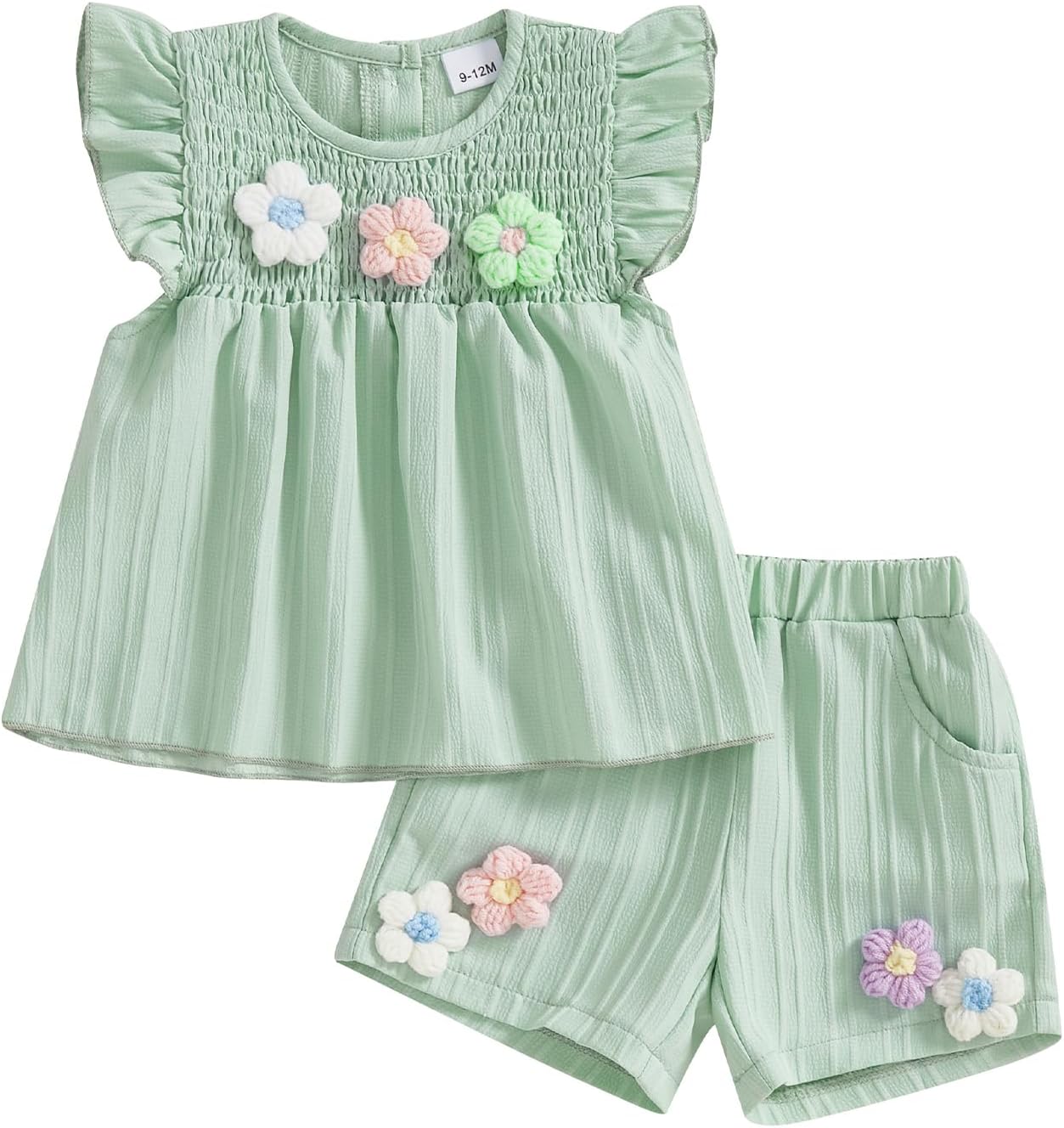 71SxXViIqWL._AC_SL1500_.jpg Baby Girl Summer Clothes 3D Flower Embroidery Smocked Tunic Top Casual Shorts Set 2Pcs Toddler Summer Outfit 9M-4Y - Image 1