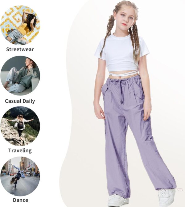 Rolanko Girls Baggy Cargo Parachute Trousers, Y2K Vintage Joggers with Adjustable Elastic Waist for Kids Fit - Image 7