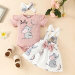 Loalirando Infant Newborn Girl Elephant Outfits 3Pc Romper Bunny Crab Suspender Skirt Set Headband Summer Fall Cute Clothes - Image 2