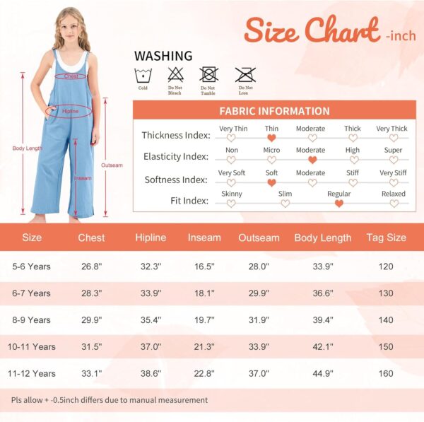 Rolanko Girls Jumpsuit Adjustable Spaghetti Strap Loose Overalls Rompers, Cotton Baggy Plain Playsuits with Pockets for Age 5-12 Years - Image 6