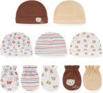 Newborn Baby 5 Hats and 5 Pairs Anti-Scratch Mittens for Babies Boys and Girls,Ages 0-6 Months 100% Cotton
