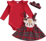 Toddler Baby Girls Christmas Outfit Long Sleeve Romper Elk Embroidery Plaid A-Line Skirt Headband Set Winter Clothes