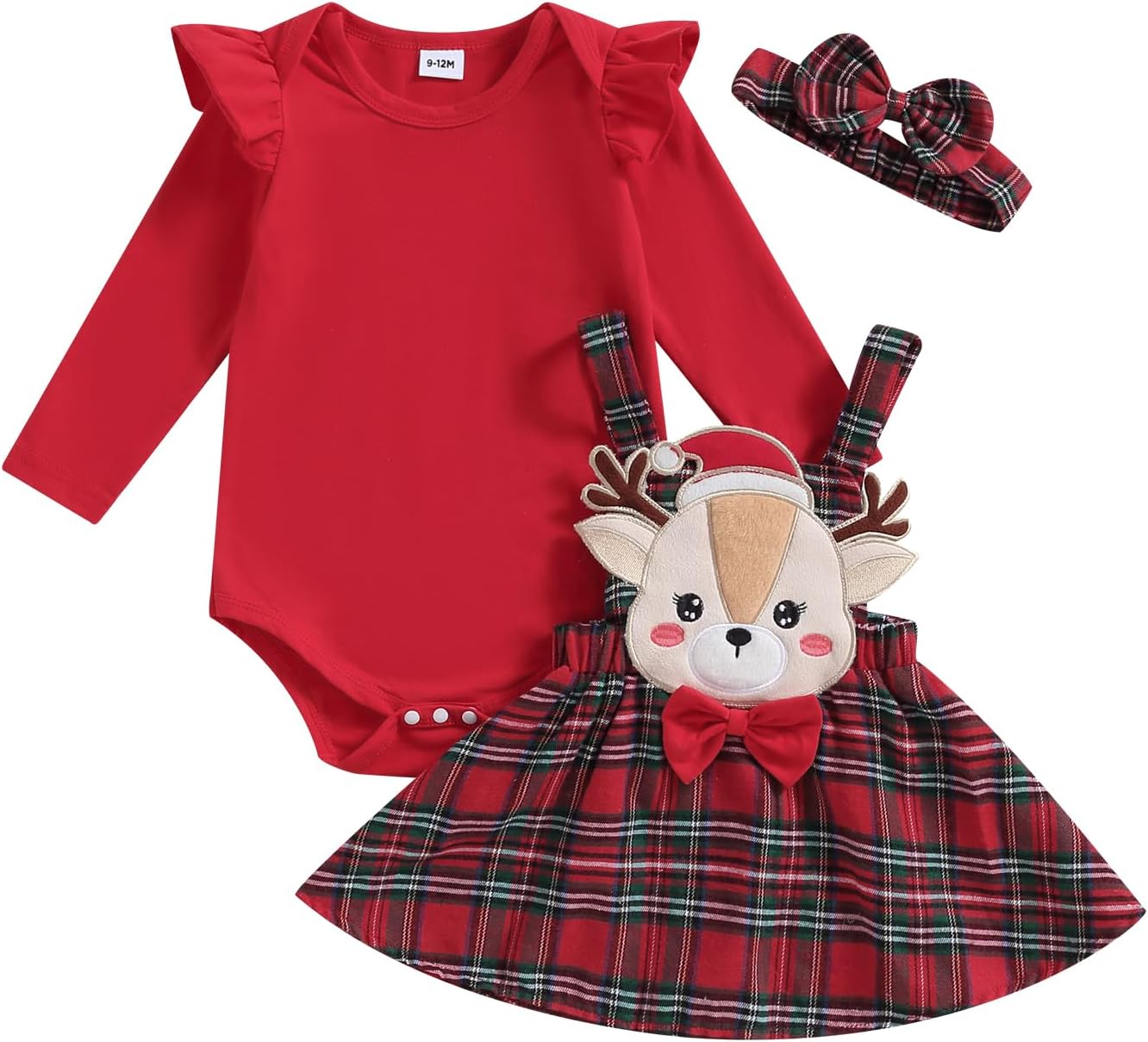 71V1fjrpU7L._AC_SL1500_.jpg Toddler Baby Girls Christmas Outfit Long Sleeve Romper Elk Embroidery Plaid A-Line Skirt Headband Set Winter Clothes - Image 1