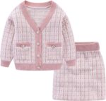Mud Kingdom Girls Outfit Cable Knit Button Down Sweater Cardigan A-line Skirt Plaid 2-Piece Set