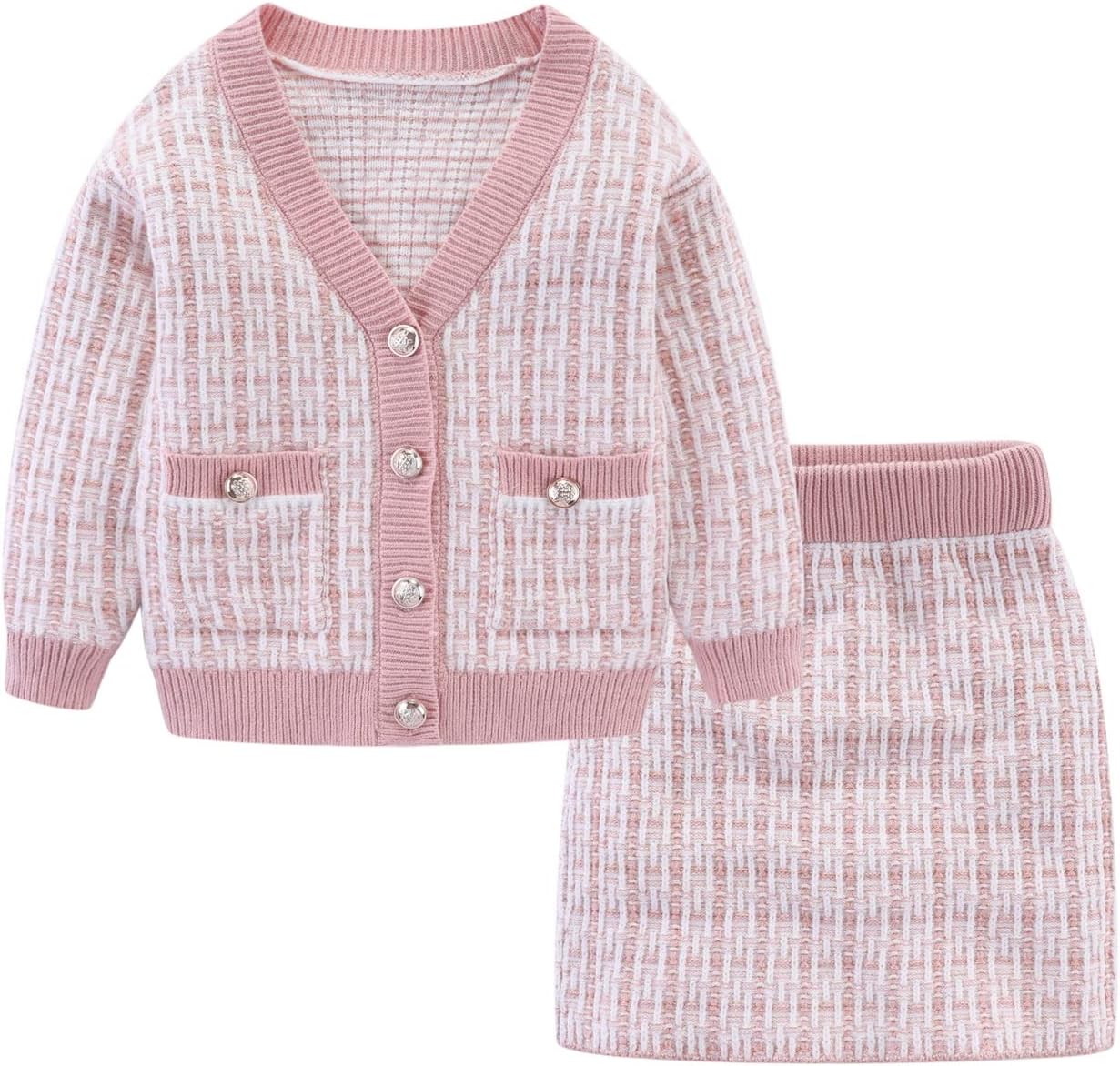 71V1riNd88L._AC_SL1500_.jpg Mud Kingdom Girls Outfit Cable Knit Button Down Sweater Cardigan A-line Skirt Plaid 2-Piece Set - Image 1