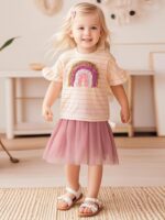 TCWWBB Toddler Girls Summer Short Outfits Clothes Set Kids Cute Unicorn Bunny Rainbow Animal Print Short Sleeve Cotton T-Shirt Tops and Shorts 2 Piece Crewneck Clothing Set Age 1-7 Years Old - Image 2