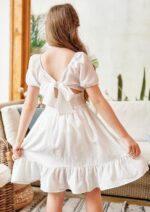 Arshiner Dress Girls Party Dress Elegant Short Sleeve Summer Dresses Children Plain A Line Casual Dress Ruffles Princess Dress Tie Back 122-158 - Image 4