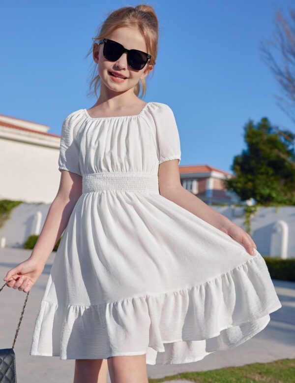 Arshiner Dress Girls Party Dress Elegant Short Sleeve Summer Dresses Children Plain A Line Casual Dress Ruffles Princess Dress Tie Back 122-158 - Image 6