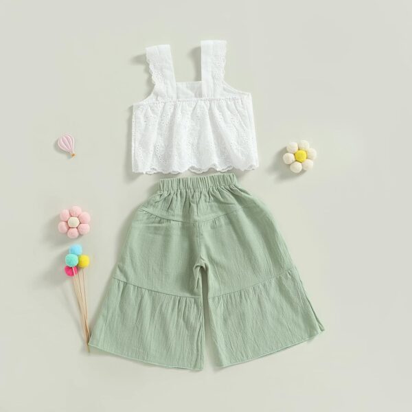Kids Toddler Baby Girl Summer Outfits Lace Crop Tank Top Cotton Linen Flare Wide Leg Pants Set 2Pcs Outfit - Image 4