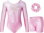 Gogokids Girls Three-Piece Gymnastics Leotards, Long Sleeve Gymnastics Set with Shorts and Hairband, Sparkling Ballet Dancing Unitards - Gymnastics Outfit with Gradient Color Design for 3-12 Years