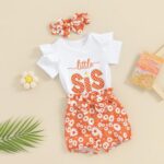 Toddler Baby Girl Outfit Ruffle Sleeve Romper Bloomer Shorts with Bow Headband Set Newborn Summer Clothes - Image 2