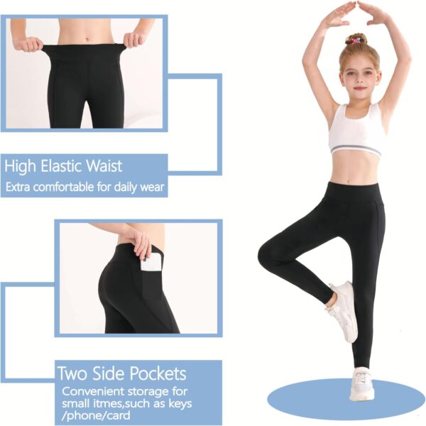 Girls Sports Leggings with Pockets Black Athletic Leggings Activewear Leggings Active Yoga Pants Running Leggings for Kids Youth Girls Size 11-12 10-12 12-13 9-10 8-10 6-8 7-8 9-11 13-14 Years - Image 2
