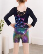 JiAmy Gymnastics Leotards for Girls Cross Back, Long Sleeve Sparkly Dance Biketards with Shorts Ballet Outfit for 3-12 Years - Image 5