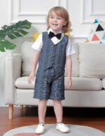 Baby Boys 3 Pieces Outfit Gentleman Suit Set, Shirt & Bowtie & Waistcoat & Shorts, Size:1-6 Years - Image 2