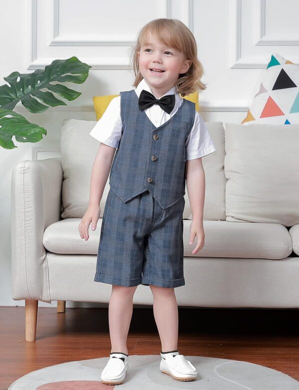 Baby Boys 3 Pieces Outfit Gentleman Suit Set, Shirt & Bowtie & Waistcoat & Shorts, Size:1-6 Years - Image 2