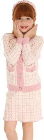 Mud Kingdom Girls Outfit Cable Knit Button Down Sweater Cardigan A-line Skirt Plaid 2-Piece Set - Image 3