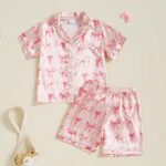 MAHUAOYIXI Toddler Kids Girls Summer Satin Pajamas Outfits Short Sleeve Watermelon Print Lapel Button Down Shirts Top with Elastic Waist Shorts Sets 2Pcs Sleepwear - Image 2