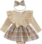 Infant Baby Girls 2Pcs Dress Outfits Ruffle Long Sleeve Plaid Print Skirt Romper with Headband Set Cute Fall Short Skirt Set