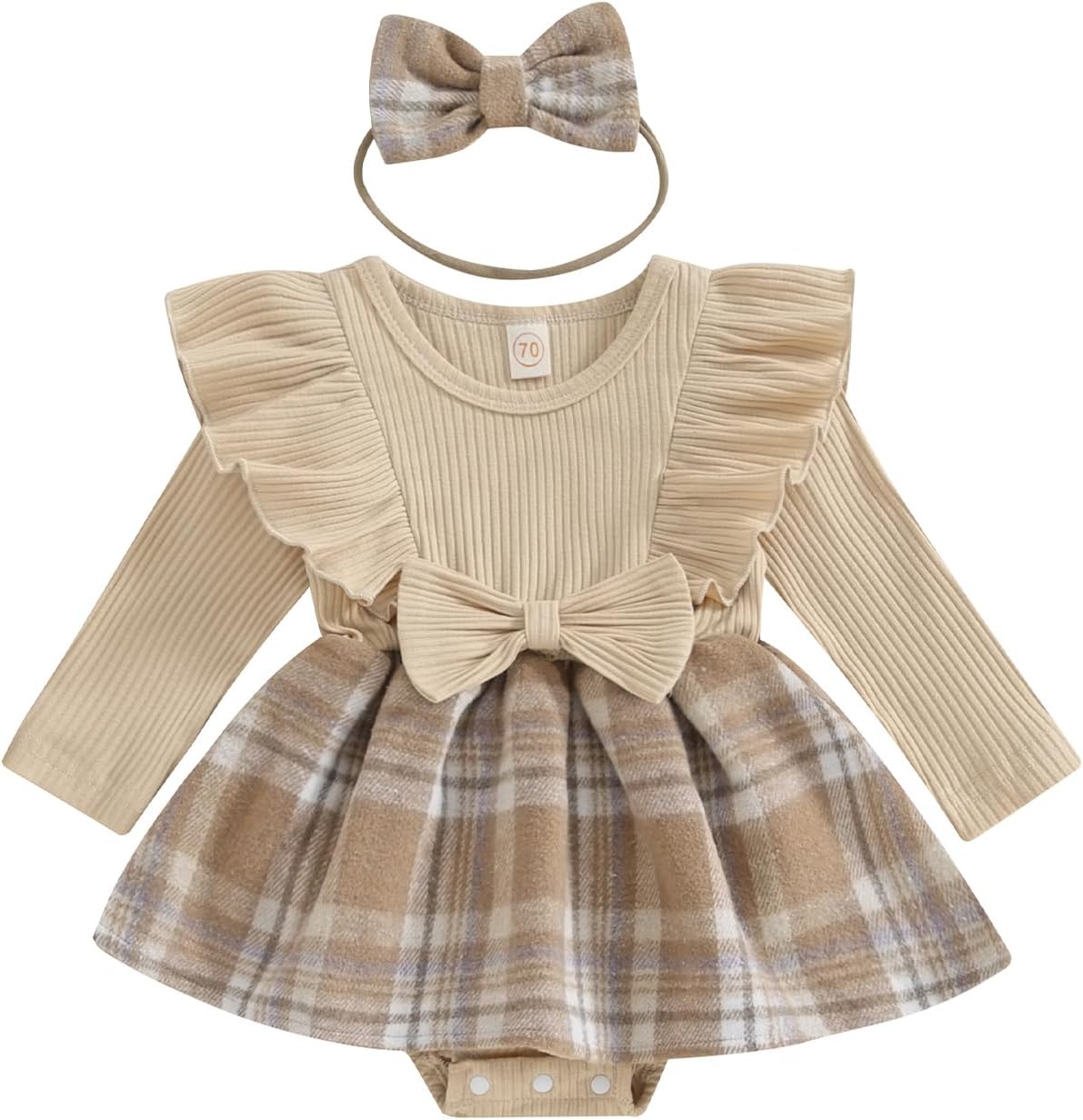 71h7Pv9MaXL._AC_SL1500_.jpg Infant Baby Girls 2Pcs Dress Outfits Ruffle Long Sleeve Plaid Print Skirt Romper with Headband Set Cute Fall Short Skirt Set - Image 1