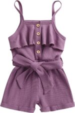 Awxoder Toddler Baby Girl Clothes Ruffle Suspender Solid Color Bow Shorts Outfit Sets