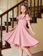 Arshiner Girls Summer Dress Off Shoulder Children's Dress Ruffle Sleeves Elegant Strap Dress Children A Line Swing Dress High Low Dress Casual Dresses with Pocket 4-13Years - Image 2