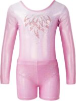Gogokids Girls Three-Piece Gymnastics Leotards, Long Sleeve Gymnastics Set with Shorts and Hairband, Sparkling Ballet Dancing Unitards - Gymnastics Outfit with Gradient Color Design for 3-12 Years - Image 2
