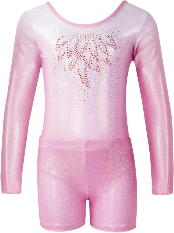 Gogokids Girls Three-Piece Gymnastics Leotards, Long Sleeve Gymnastics Set with Shorts and Hairband, Sparkling Ballet Dancing Unitards - Gymnastics Outfit with Gradient Color Design for 3-12 Years - Image 2