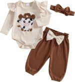 Loalirando Infant Baby Girls Western Outfit Cow Print Ruffle Long Sleeve Romper Bow Pants Set Headband Cowgirl Clothes 3Pcs Spring Fall Clothes
