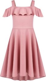 Arshiner Girls Summer Dress Off Shoulder Children's Dress Ruffle Sleeves Elegant Strap Dress Children A Line Swing Dress High Low Dress Casual Dresses with Pocket 4-13Years