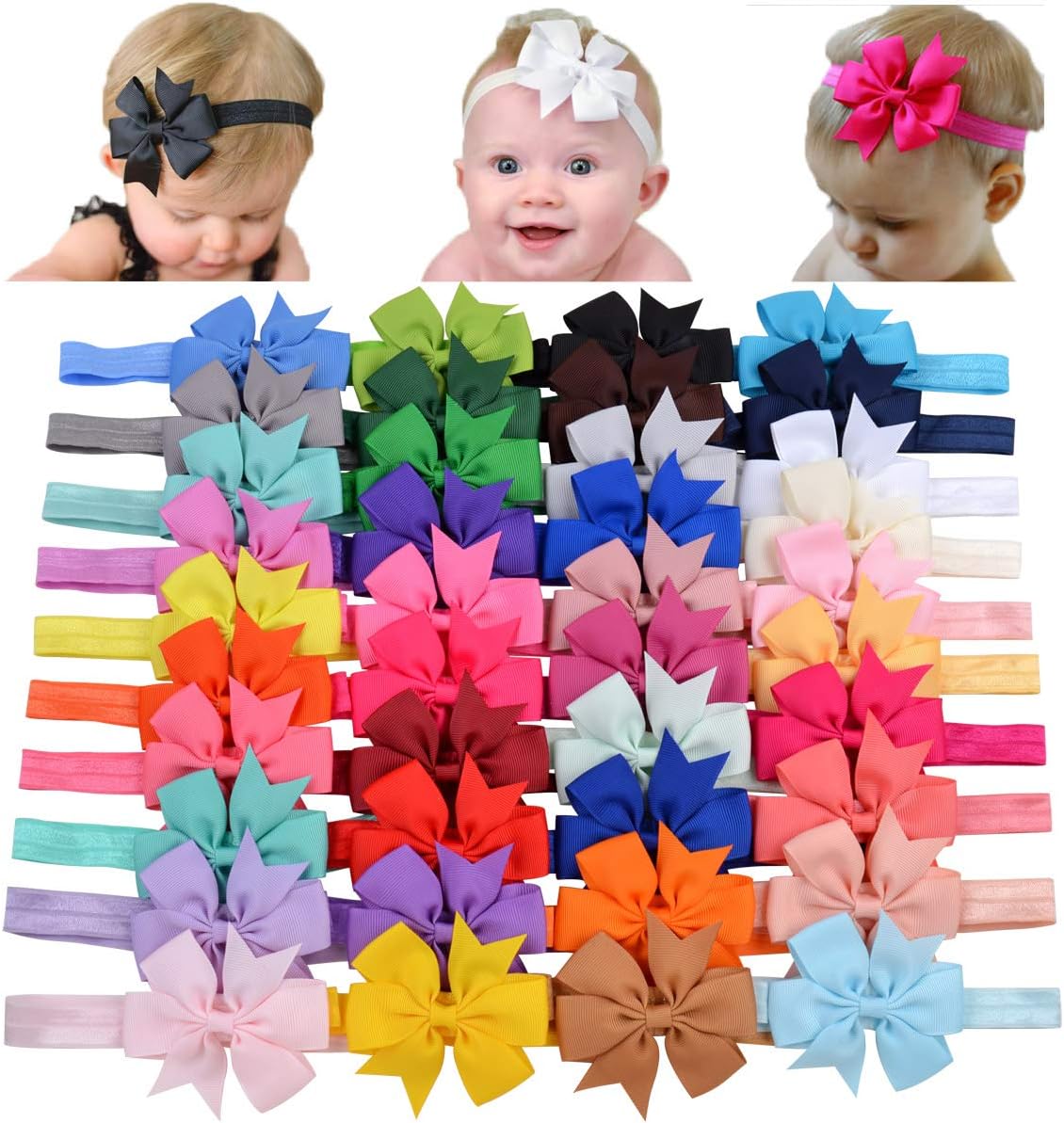 71s-y3vkn7L._AC_SL1200_.jpg jollybows 40pcs Baby Girls Grosgrain Ribbon 3" Hair Bows Headbands Hair Band Hair Accessories for Baby Girls Infants Newborn Toddler - Image 1
