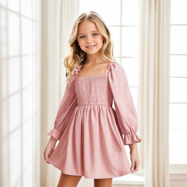 JiAmy Girls Dress Long Sleeve Square Neck Dresses Spring Summer Kids Casual Elegant Wedding Party A-Line Skirt Clothes for Girl 4-14 Years - Image 4