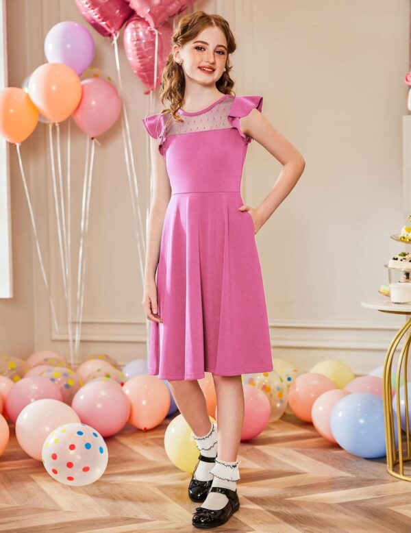 Arshiner Girls Dress Summer Ruffle Sleeve Mesh A Line Casual Party Dresses with Pockets 6-13 Years - Image 3