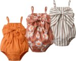 Derouetkia Baby Girl Romper Summer Tank Top Suspender with Bow Design Cute Baby Girl Jumpsuit 3Pcs